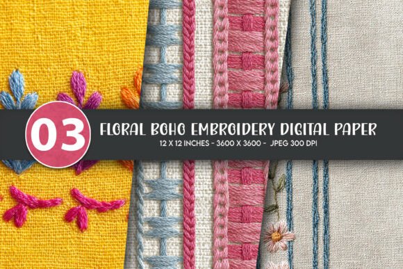 Floral Boho Embroidery Digital Paper