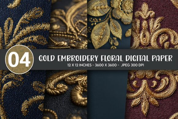 Gold Embroidery Floral Digital Paper