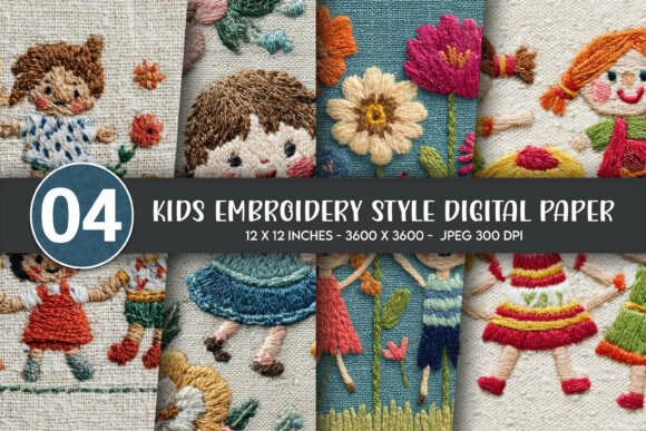 Kids Embroidery Style Digital Paper