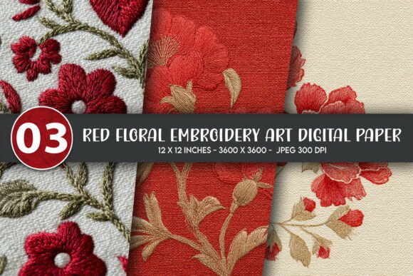 Red Floral Embroidery Art Digital Paper